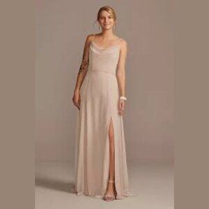 David's Bridal cowl neck chiffon dress with slit bridesmaids dress